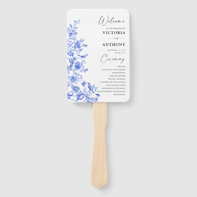 Blue Porcelain Floral Wedding Program Fächer (Vorderseite)