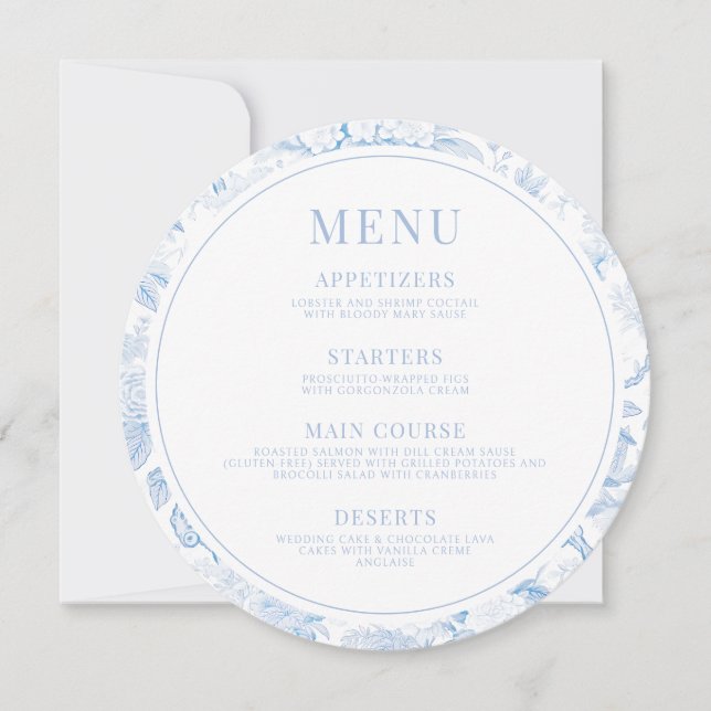 Blue Porcelain Wedding Round Menu Unmittelbarer Do Einladung (Vorderseite)