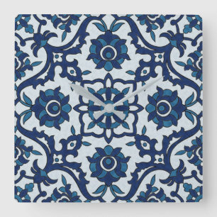 Blue Portuguese Azulejos Floral Tile Pattern Quadratische Wanduhr