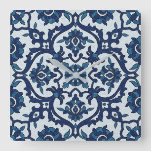 Blue Portuguese Azulejos Floral Tile Pattern Quadratische Wanduhr