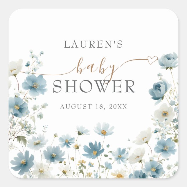 Blue Preppy Flowers Watercolor Baby Shower Quadratischer Aufkleber (Vorderseite)