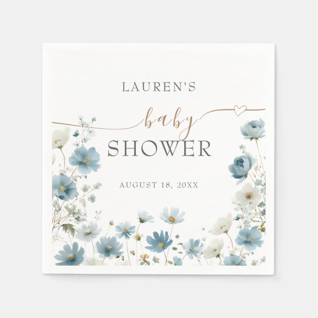 Blue Preppy Flowers Watercolor Baby Shower Serviette (Vorderseite)