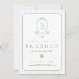 Blue Preppy Tennis Crest 1st Birthday invite Dankeskarte