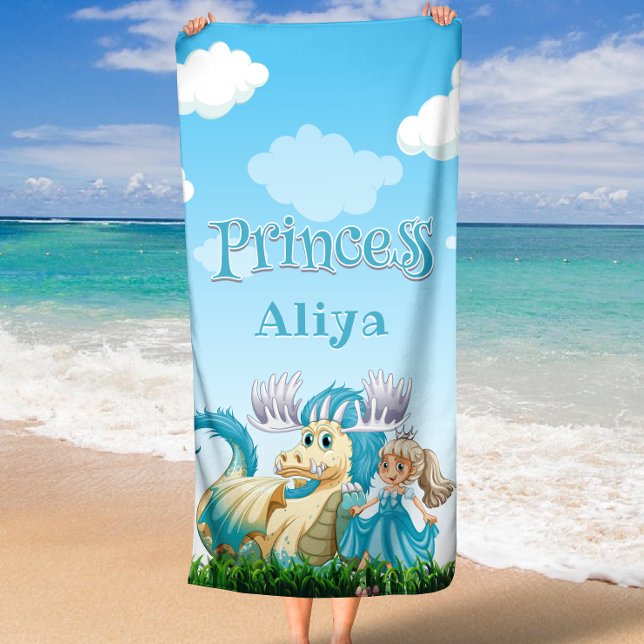 Blue Princess and Dragon Individuelle Name Strandtuch (Blue Princess and Dragon Custom Name Beach Towel)