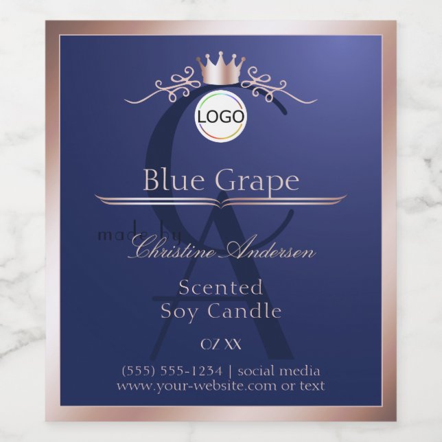 Blue Product Label Rose Gold Frame Logo Monogram Weinetikett (Einzelnes Label)