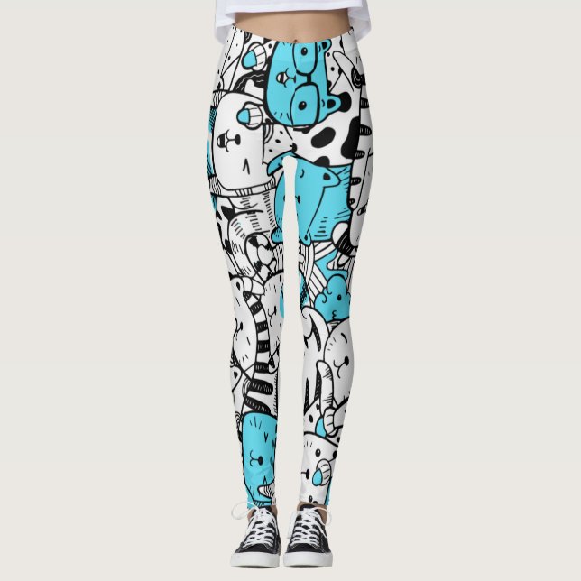 Blue Psychedelic Cat Kitten Illustration Abstrakt Leggings (Vorderseite)