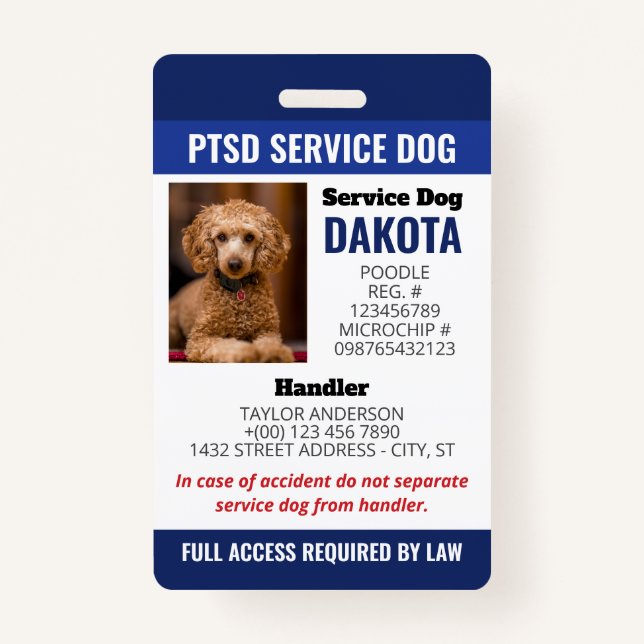 Blue PTSD Service Dog QR-Foto-ID Ausweis (Vorderseite)