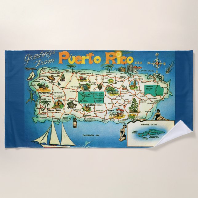 Blue Puerto Rico Greetings Beach Towel Strandtuch (Vorderseite)