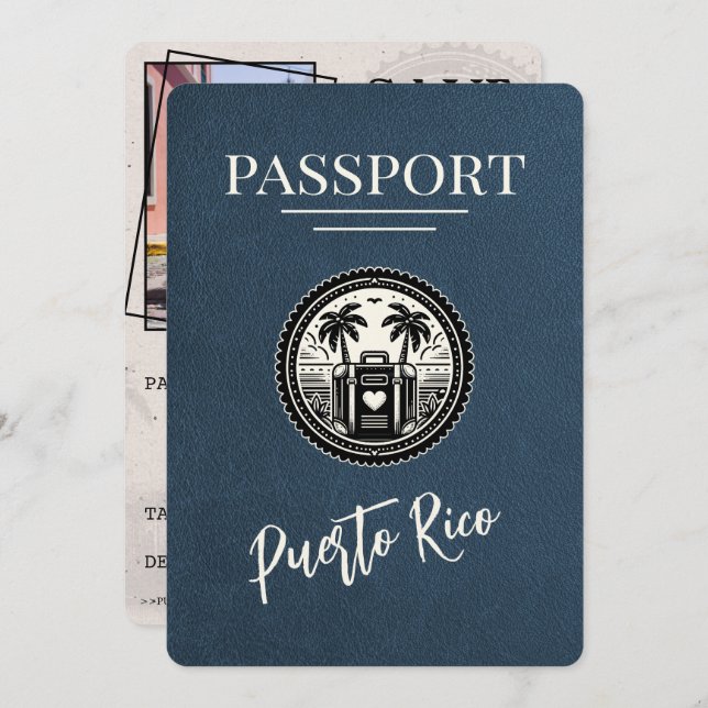 Blue Puerto Rico Passport Save The Date (Vorne/Hinten)