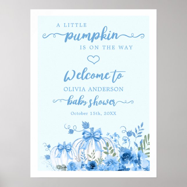 Blue Pumpkin Bow Boy Baby Dusche Willkommen Poster (Vorne)