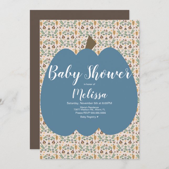Blue Pumpkin Boy Fall Baby Dusche Einladung (Vorne/Hinten)