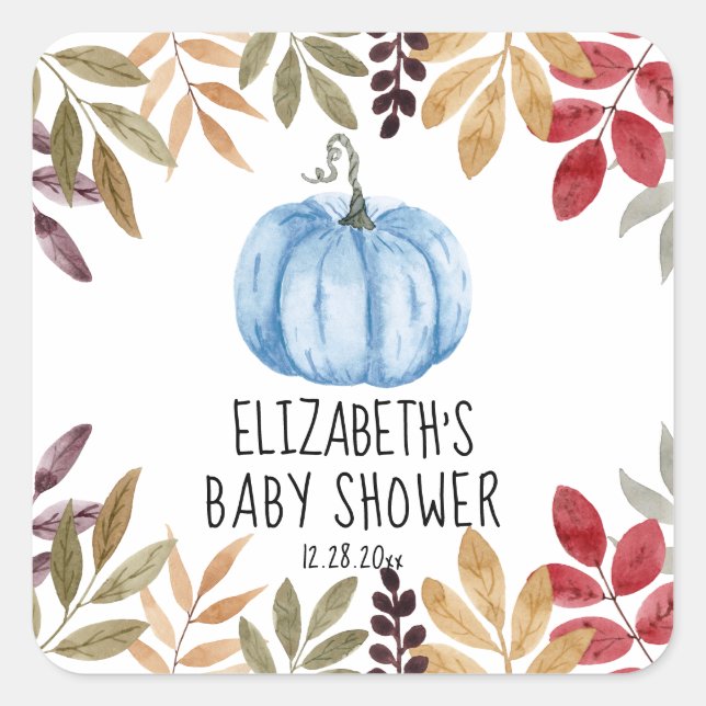 Blue Pumpkin Fall Baby Dusche Quadratischer Aufkleber (Vorderseite)