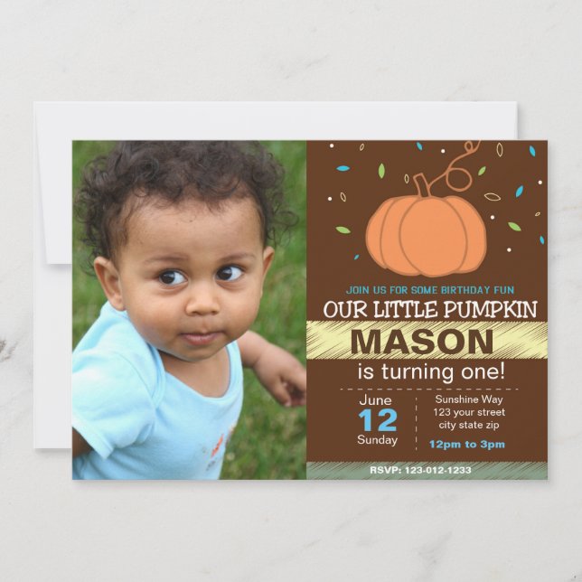 Blue Pumpkin Geburtstag Einladung mit Foto (Vorderseite)