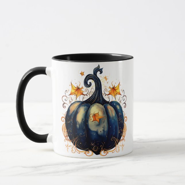 Blue Pumpkin Gold Scrolls Blätter Halloween Tasse (Links)