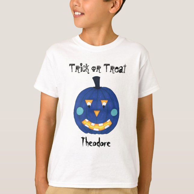 Blue Pumpkin Kürbislaterne Trick oder Treat Name T-Shirt (Vorderseite)