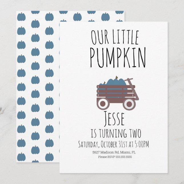 Blue Pumpkin Patch Halloween Pumpkins Wagon Einladung (Vorne/Hinten)