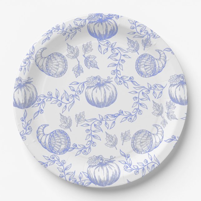 Blue Pumpkin Toile Round plate Pappteller (Vorderseite)
