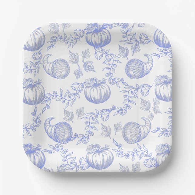 Blue Pumpkin Toile Square Plate Pappteller (Vorderseite)