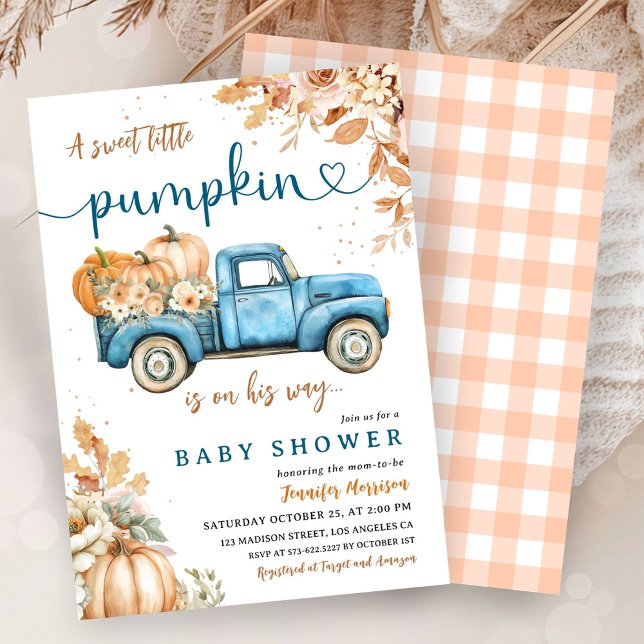 Blue Pumpkin Truck Baby Shower Boy Little Pumpkin Einladung (Von Creator hochgeladen)