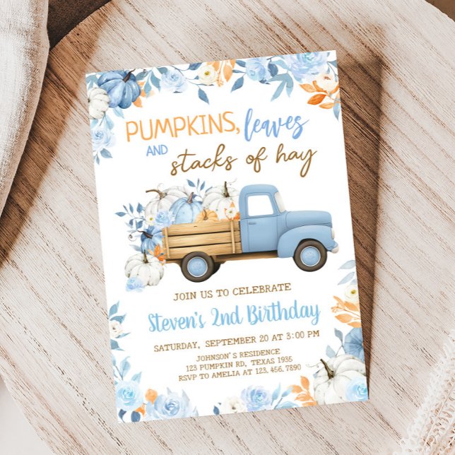 Blue Pumpkin Truck Fall Birthday Einladung (Blue Pumpkin Truck Fall Floral Birthday Invitation)