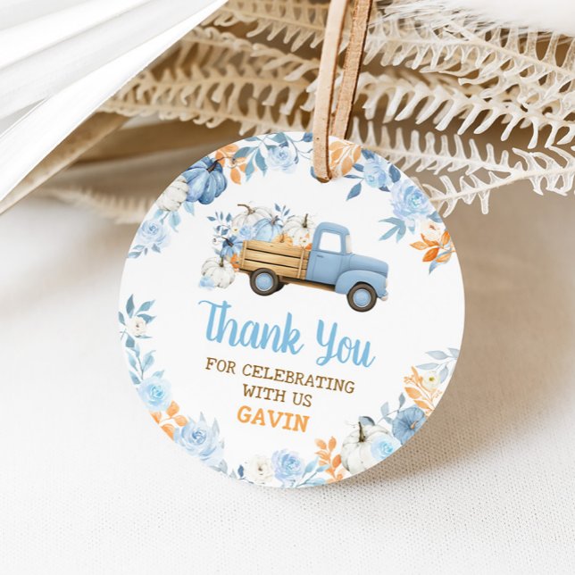 Blue Pumpkin Truck Fall Birthday Round Geschenkanhänger (Blue Pumpkin Truck Fall Floral Birthday Round Favor Tags)