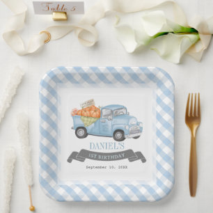 Blue Pumpkin Truck Gingham Boy 1. Geburtstag Pappteller