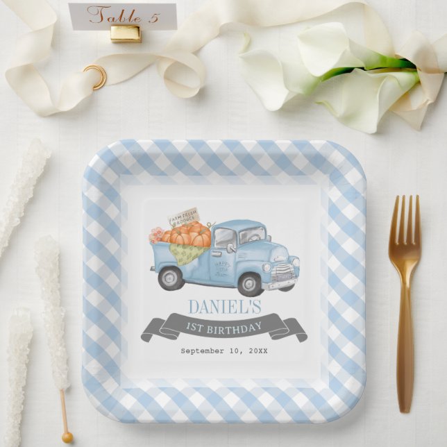 Blue Pumpkin Truck Gingham Boy 1. Geburtstag Pappteller (Hochzeit)