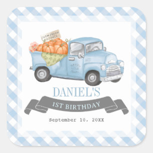 Blue Pumpkin Truck Gingham Boy 1. Geburtstag Quadratischer Aufkleber