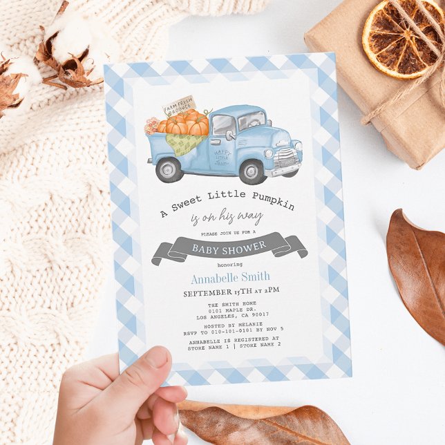 Blue Pumpkin Truck Gingham Boy Baby Dusche Einladung (Von Creator hochgeladen)