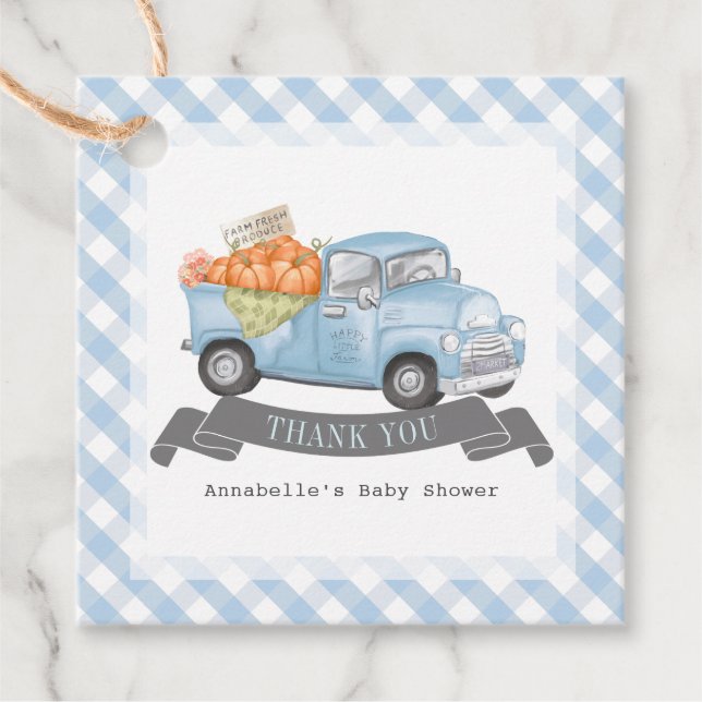 Blue Pumpkin Truck Gingham Boy Baby Dusche Geschenkanhänger (Vorderseite)