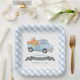 Blue Pumpkin Truck Gingham Boy Baby Dusche Pappteller
