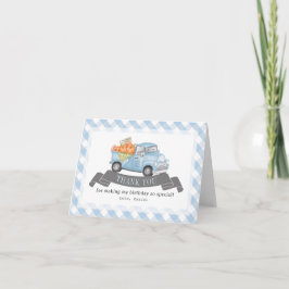 Blue Pumpkin Truck Gingham Boy Birthday Dankeskarte