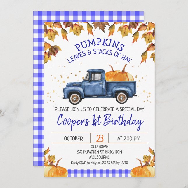 Blue Pumpkin Truck Herbstblatt Geburtstag Einladung (Vorne/Hinten)