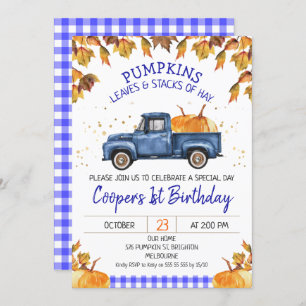 Blue Pumpkin Truck Herbstblatt Geburtstag Einladung