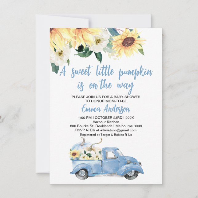Blue Pumpkin Truck Sunflowers Babydusche Einladung (Vorderseite)