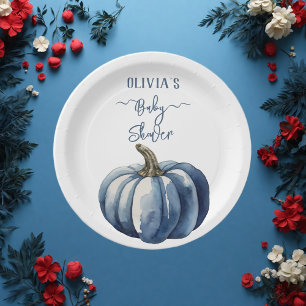 Blue Pumpkin Watercolor Boho Baby Boy Dusche Pappteller