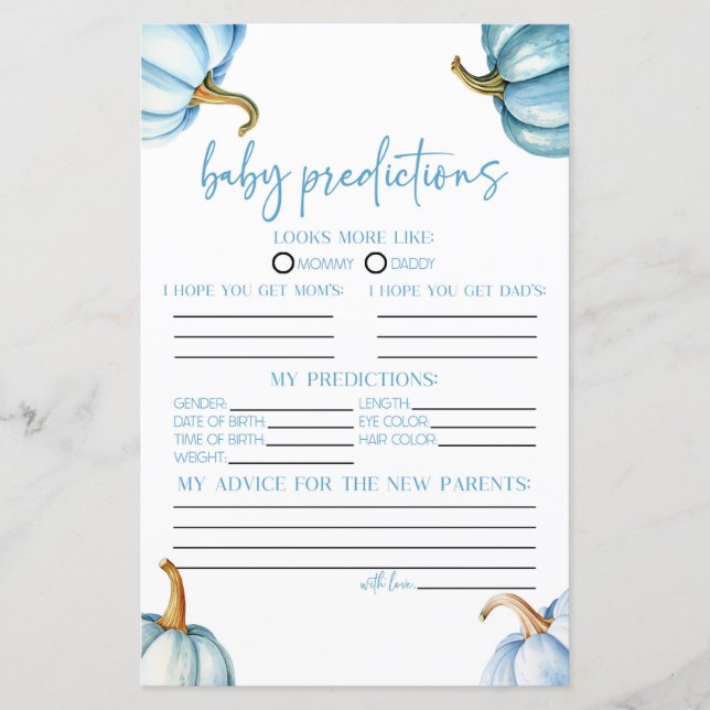 Blue Pumpkins Fall Baby Shower Predictions Game (Vorderseite)