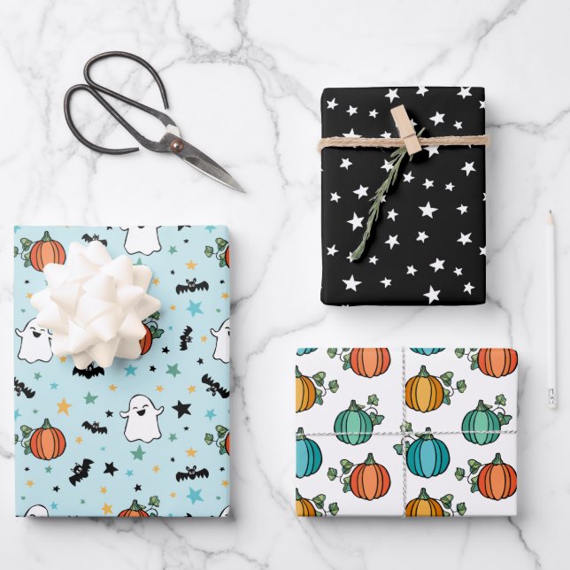 Blue Pumpkins Ghosts Halloween Mixed Patterns Geschenkpapier Set (Vorderseite)