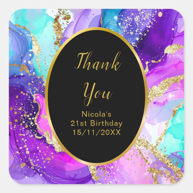 Blue, Purple and Gold Ink Birthday Party Quadratischer Aufkleber (Vorderseite)