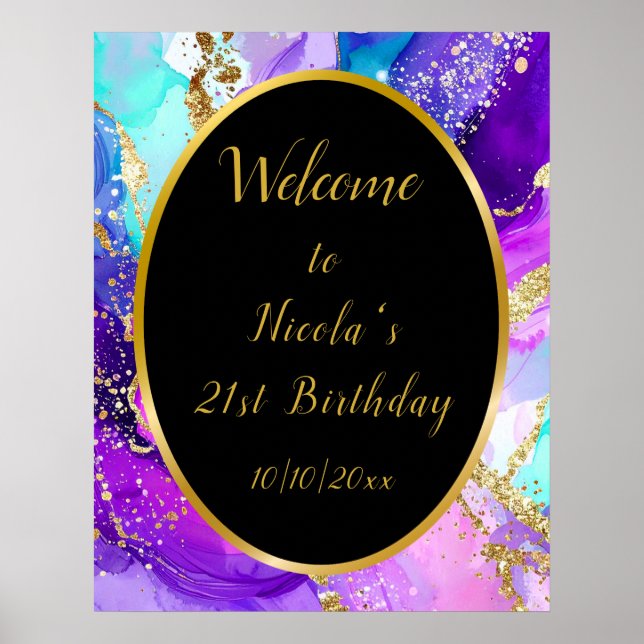 Blue, Purple and Gold Ink Birthday Party Welcome Poster (Vorne)