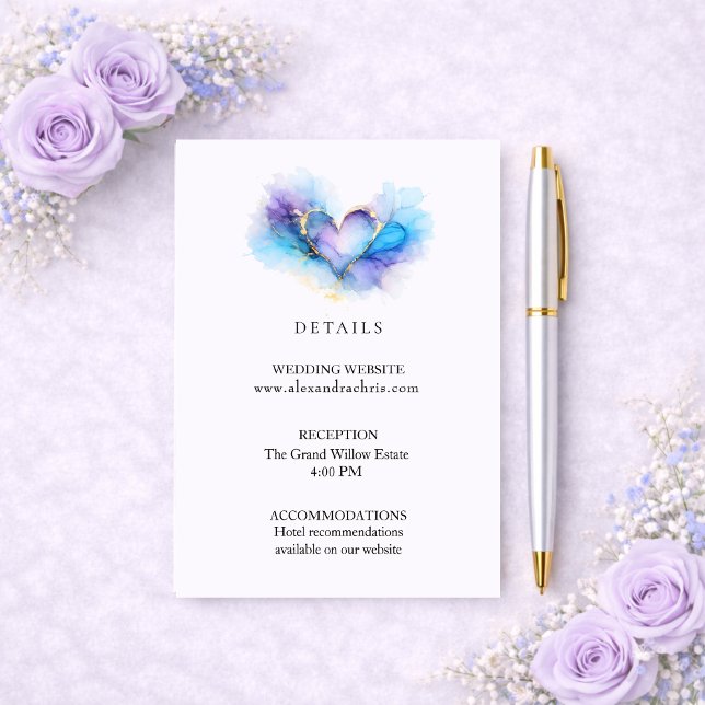 Blue Purple Gold Abstract Heart Wedding Details Begleitkarte (Von Creator hochgeladen)