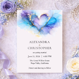 Blue Purple Gold Abstract Heart Wedding Invitation Einladung