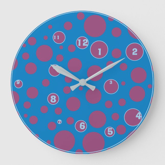 Blue Purple Polka Dots Funky Ball Numbers Quirky Große Wanduhr (Vorderseite)