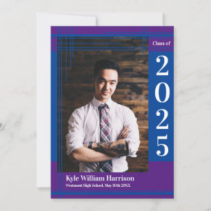 Blue Purple School Color Graduation Photo Plaid Einladung