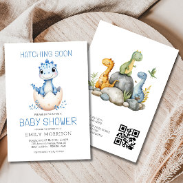 Blue QR Code Dinosaurier Hatching Bald Baby Dusche Einladung
