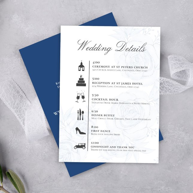 Blue QR Code Wedding Details Timeline Card Begleitkarte (Elegant floral wedding details card with calligraphy script and clear timeline layout.)
