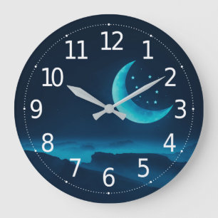 Blue Quarter Moon and Mountains Wall Clock Große Wanduhr