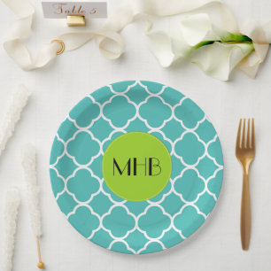 Blue Quatrefolie, marokkanische Trellis, Monogramm Pappteller