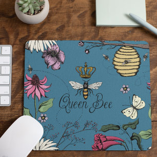 Blue Queen Bee Royal Crown Floral Pattern Mousepad