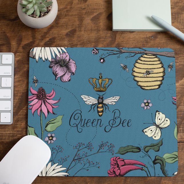 Blue Queen Bee Royal Crown Floral Pattern Mousepad (Blue Queen Bee Royal Crown Floral Pattern with Queen Bee, Crown, Exotic flowers, bees, beehive)